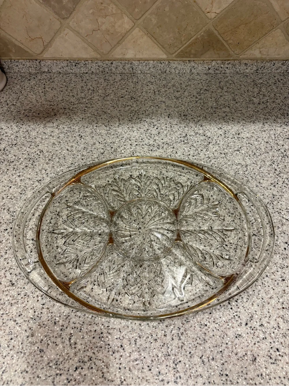 Vintage 5-section glass serving tray is likely a 1950s Jeannette